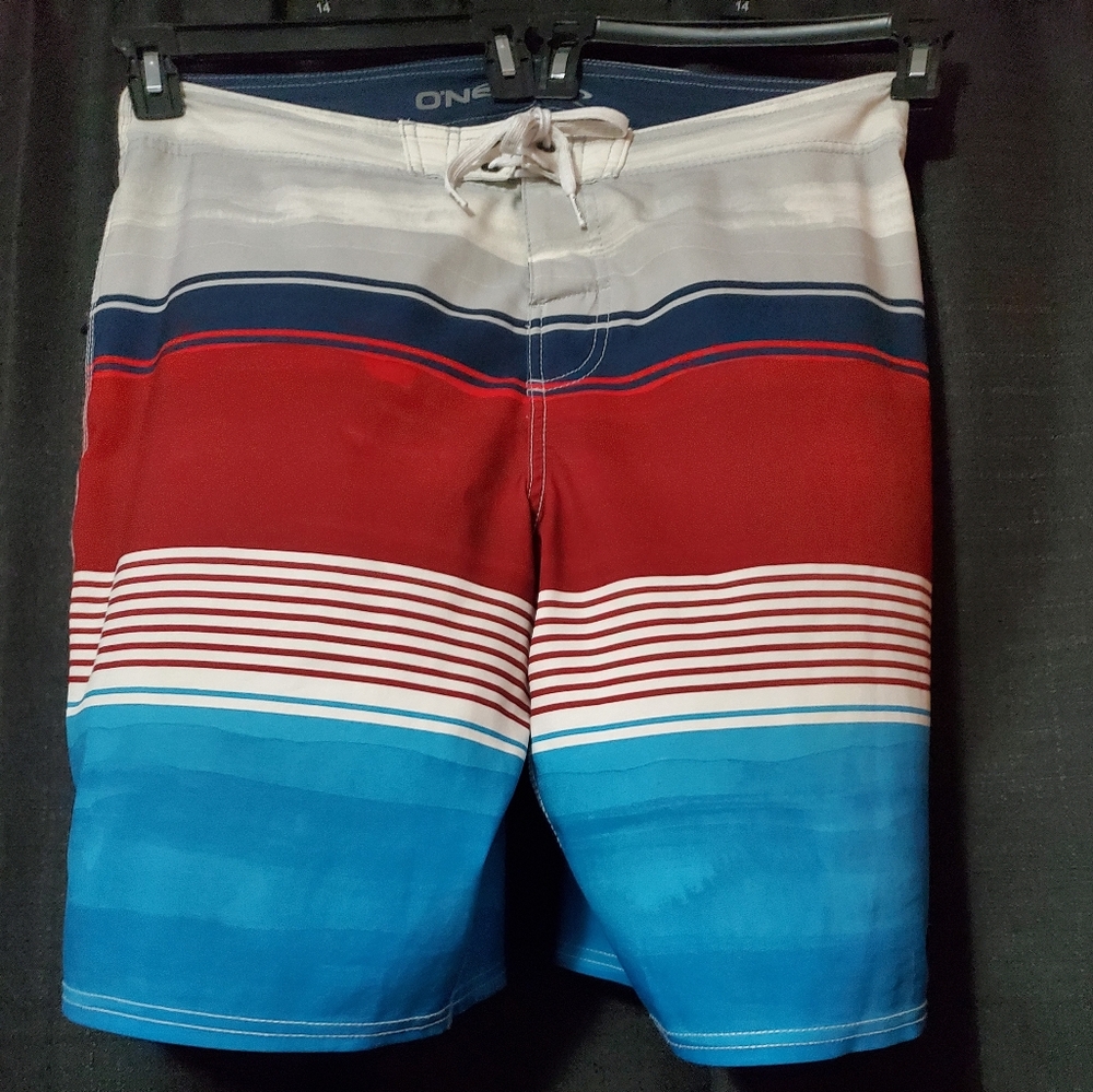 Oneil Mens Swim trunks SZ 34 Blue/Red stripes with pockets